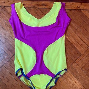 Neon Yellow, Purple and Navy Blue Spandex Leotard Size 10